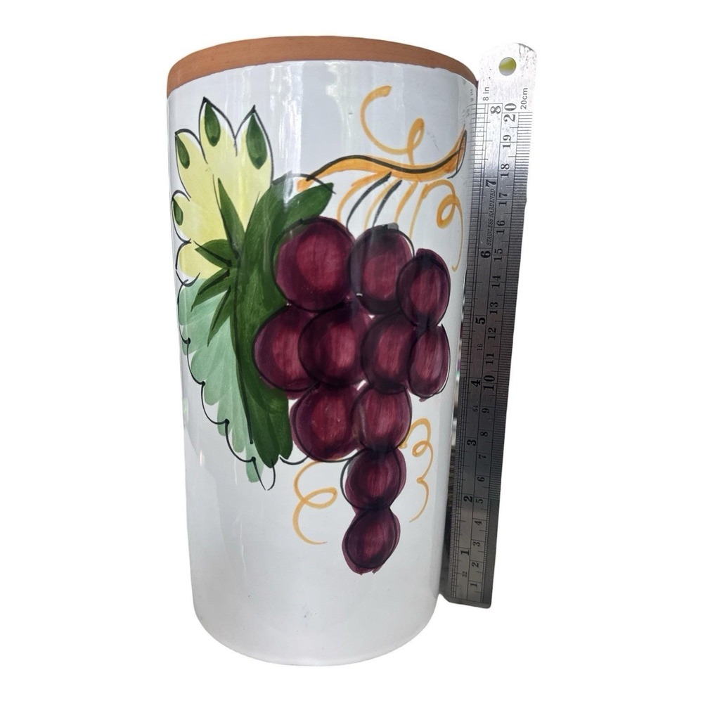 Vintage Pier 1 Hand-Painted Italian Terracotta Wine Cooler Utensil Crock Grape